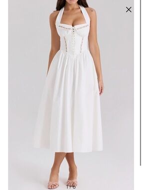 House of CB White Halter Corset Midi Dress with Floral Trim